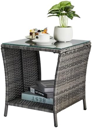 VINGLI Outdoor Wicker Side Table Patio Side Tables by VINGLI