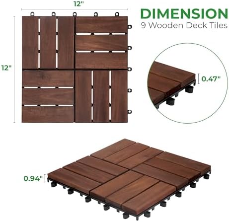 Interlocking Deck Tiles 12"x12"x0.94'' FSC Acacia Hardwood Dark Brown Patio - Image 3