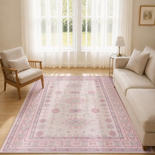 5x7 Living Room Rug, Washable Non Slip Distressed Boho Vintage Carpet - Image 2