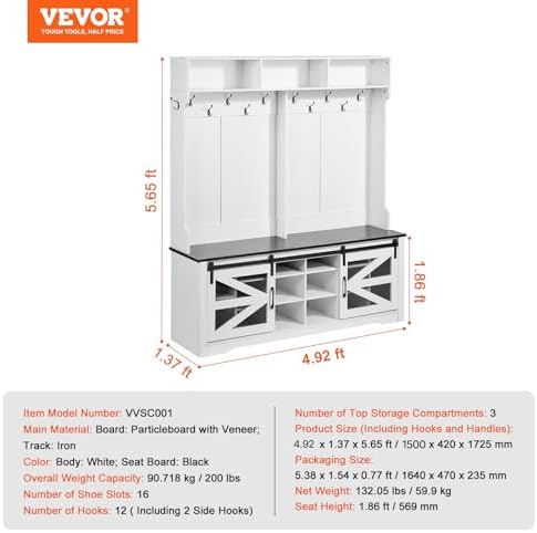 VEVOR Hall Tree Entryway Bench, LED Coat Rack - Image 3