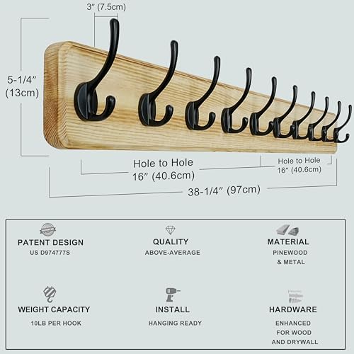Dseap Coat Rack Wall: 38-1/4" Long, Heavy-Duty, 10-Double-Hooks Wooden Wall - Image 4