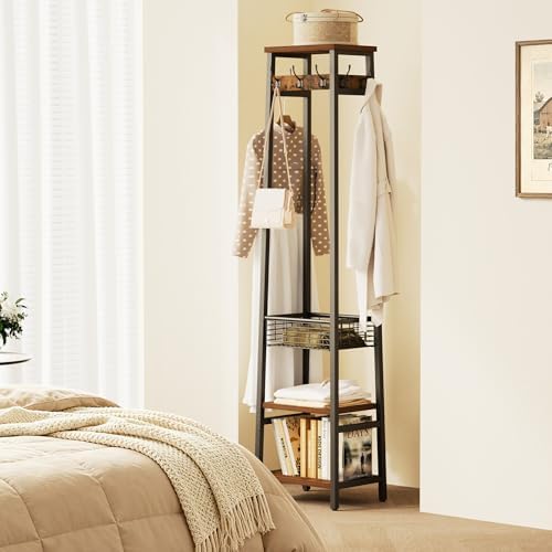 Coat Rack with Metal Basket and Storage Shelves - Image 5