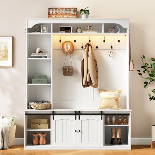 HOOBRO Hall Tree with Bench, LED Farmhouse Hall Tree with Shoe Storage - Image 6