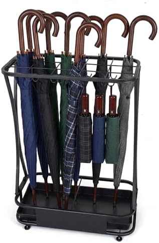 15 Slot Umbrella Stand with 8 Hooks – Heavy Duty Metal Indoor Umbrella Rack by AetherWings