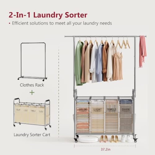 Tajsoon Laundry Hamper with Hanging Rack, Laundry Sorter 4 Sections - Image 3