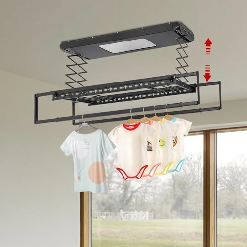 Electric Retractable Airing Rack Black, Ceiling Clothesline 77lbs Load - Image 3