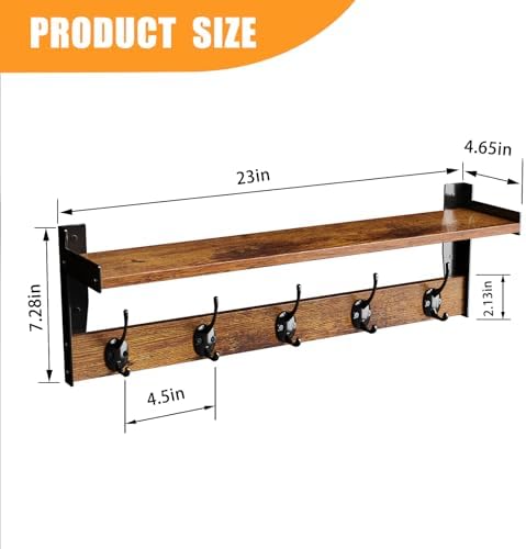 Coat Rack with Wall Mount, 23 Inch Long Entryway Wall Shelf with Hooks - Image 4