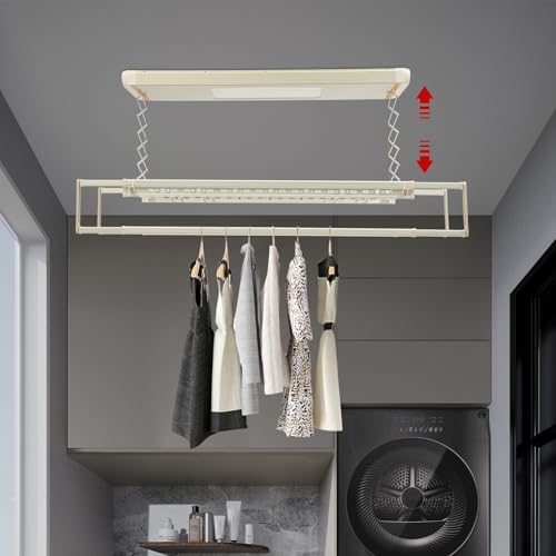 Electric Retractable Airing Rack Off-White Color, Ceiling Clothesline 77lbs Load - Image 4
