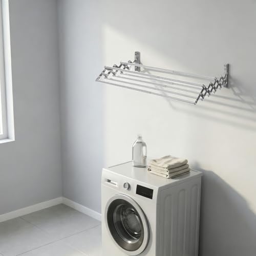 Retractable Wall Clothes Rack, Wall-Mounted Accordion Laundry Rack Silver - Image 3