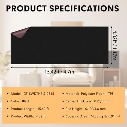Grefinity Marine Carpet, 5 FT x 15 FT Black Indoor Outdoor Carpet - Image 2
