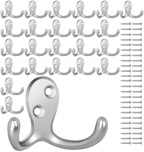 Homanu 24 Pack Silvery Coat Hooks Wall Mounted Double Prong by Homanu