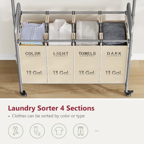 Tajsoon Laundry Hamper with Hanging Rack, Laundry Sorter 4 Sections - Image 4