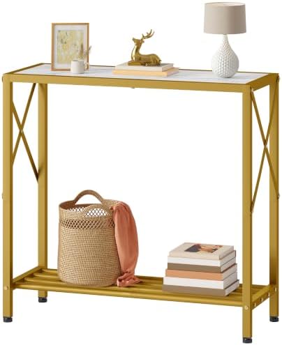 Tajsoon Entryway Table 28.3''L, 2 Tier Narrow Console Table Gold & White by Tajsoon