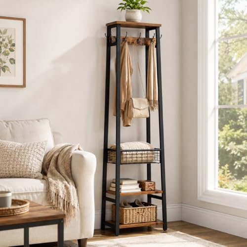 Coat Rack with Metal Basket and Storage Shelves - Image 6