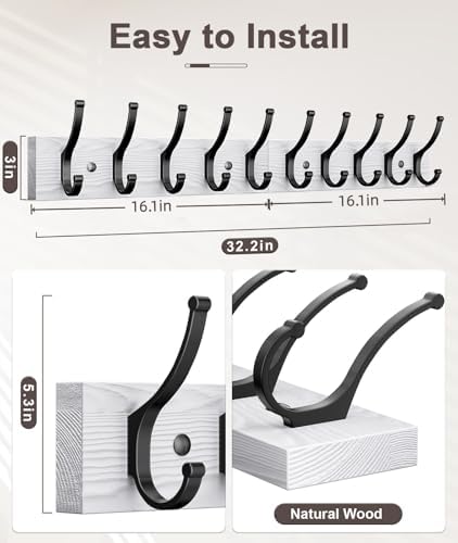 Optish 1 Pack Wooden Coat Rack Wall Mount, 16.1" Rustic Coat Hanger Hooks - Image 2