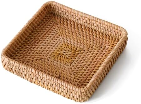 Rattan Serving Tray, Square Wicker Storage Basket by S310