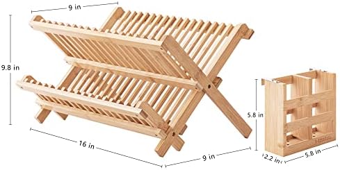 HBlife Dish Rack, Bamboo Folding 2-Tier Collapsible Drainer Dish Drying Rack - Image 3