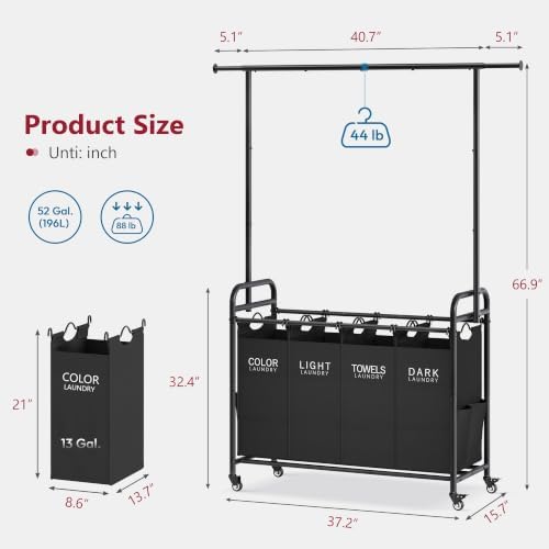 Tajsoon Laundry Sorter with Hanging Bar, 4 Section Laundry Hamper - Image 7