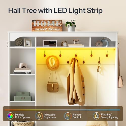 HOOBRO Hall Tree with Bench, LED Farmhouse Hall Tree with Shoe Storage - Image 3