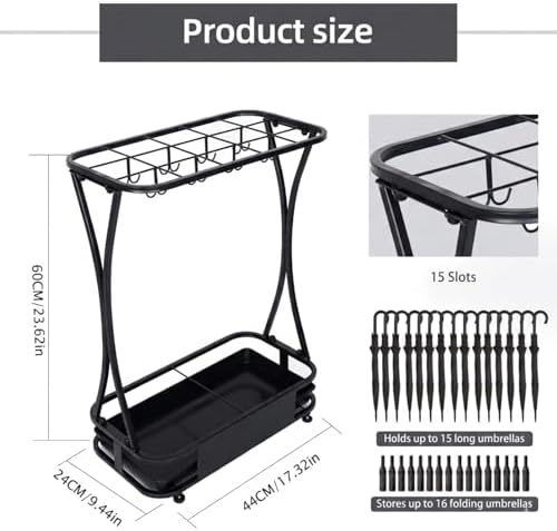 15 Slot Umbrella Stand with 8 Hooks – Heavy Duty Metal Indoor Umbrella Rack - Image 3