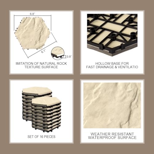 JJWOOD Hexagonal Stone-Look Interlocking Deck Tiles, Matte Rock Texture Outdoor - Image 2
