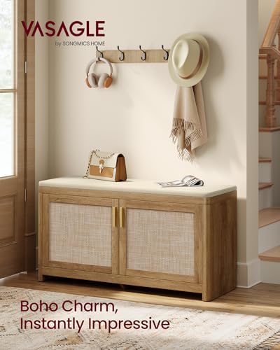 VASAGLE Boho Shoe Bench with Cushion, 2 Rattan-Look Cabinet Doors - Image 3