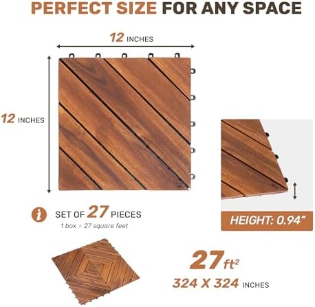 Acacia Wood Interlocking Deck Tiles 27 Pcs, Waterproof and Easy Installation - Image 2