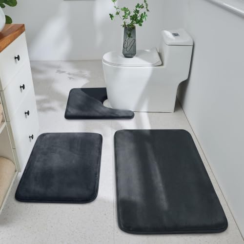 HUXMEYSON 3-Piece Memory Foam Bathroom Rug Set, Dark Grey by HUXMEYSON