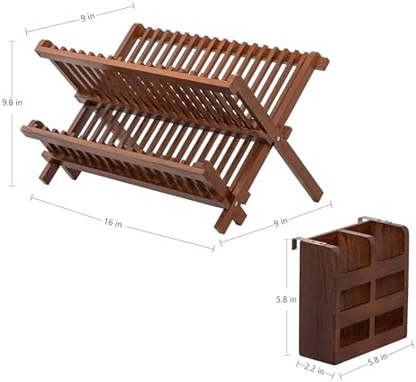 HBlife Dish Rack, Teak Folding 2-Tier Collapsible Drainer Dish Drying Rack - Image 2