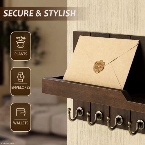 Rebee Vision Acacia Wood Key Holder Wall Mount, Shelf & Hooks, Dark Brown - Image 4