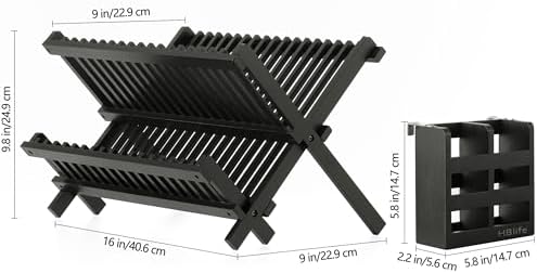 HBlife Dish Rack, Bamboo Folding 2-Tier Collapsible Drainer Dish Drying Rack - Image 2