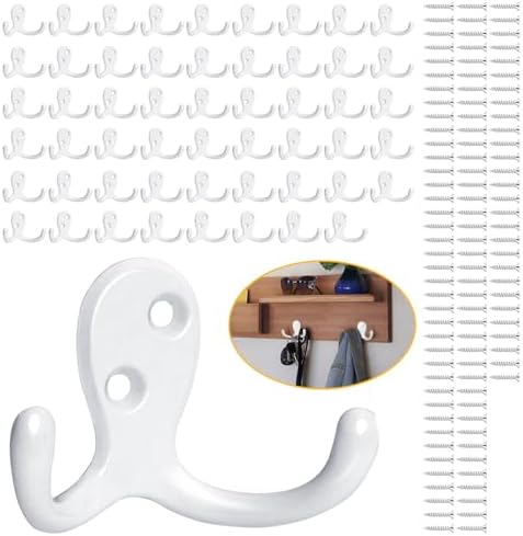 Homanu 54 Pack White Coat Hooks Wall Mounted Double Prong by Homanu