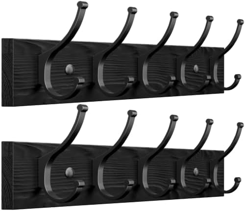 Optish 2 Pack Wooden Black Coat Rack Wall Mount, 16.1" Rustic Coat Hanger Hooks by Optish