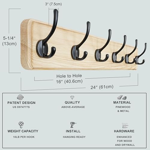 Dseap Coat Rack Wall: 24" Long, Heavy-Duty, 6-Double-Hooks Wooden Wall Mounted - Image 5