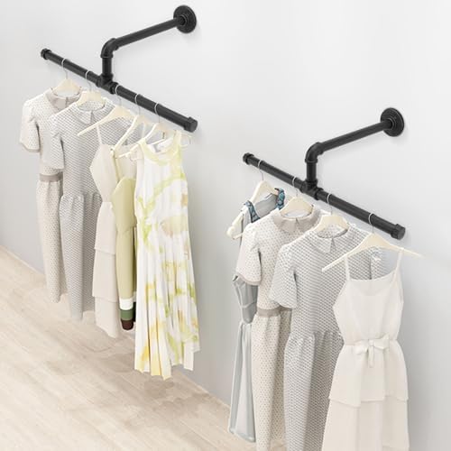 Industrial Pipe Clothes Rack Floating DIY Wall Mounted, Heavy Duty Rustic - Image 2