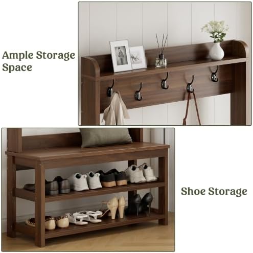 Hall Tree with Bench and Shoe Storage, 31.5” Coat Rack Entryway Organizer - Image 4