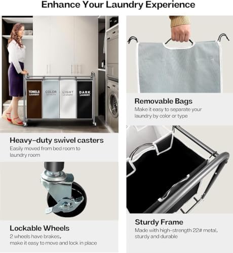ROMOON Laundry Hamper Sorter Cart, 4-Section Organizer - Image 4