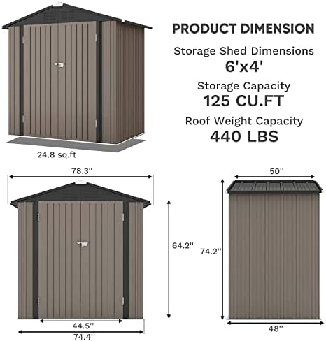 Patiowell 6x4 FT Outdoor Storage Shed, Garden Tool Storage Shed - Image 5