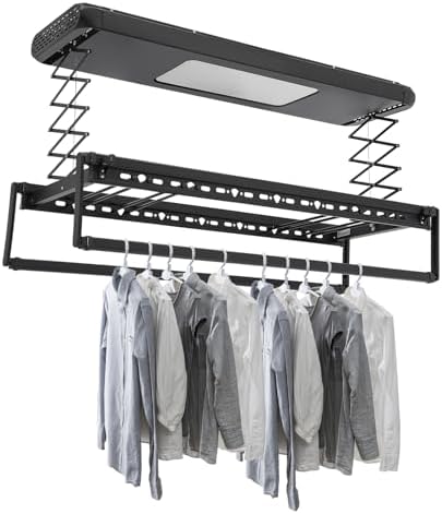 Electric Retractable Airing Rack Black, Ceiling Clothesline 77lbs Load by Unknown