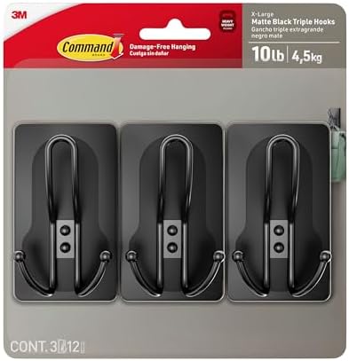 Command 10 lb X-Large Matte Black Triple Hooks, 3 Hooks and 12 Strips, by Command