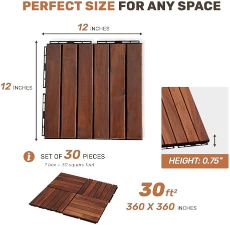 Acacia Wood Interlocking Deck Tiles 30 Pcs, Waterproof and Easy Installation - Image 2