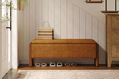 Modern Storage Benches with Walnut Wood Legs, Fabric Upholstered Entryway Bench - Image 4