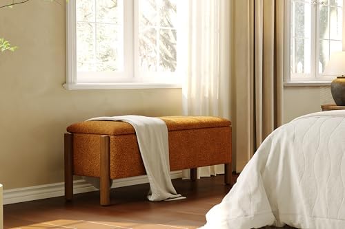 Modern Storage Benches with Walnut Wood Legs, Fabric Upholstered Entryway Bench - Image 5