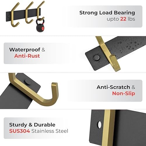Small Coat Rack Wall Mount – Black and Gold Hook Rail - Image 3