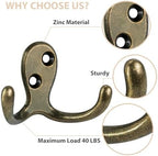 Homanu 10 Pack Antique Brass Double Prong Coat Hooks - Image 4