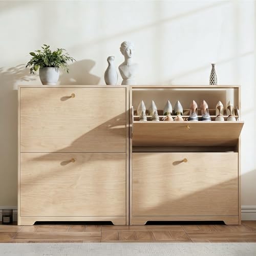 Nicetree Shoe Cabinet with 2 Flip Drawers, Entryway Storage, Natural Oak - Image 6