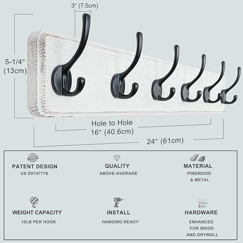 Dseap Coat Rack Wall: 24" Long, Heavy-Duty, 6-Double-Hooks Wooden Wall Mounted - Image 5