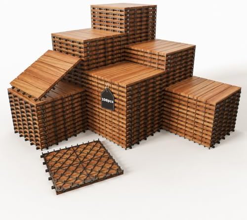 Solid Acacia Wood Interlocking Deck Tiles, 12 x 12 Inch Waterproof Snap by KIPONURA
