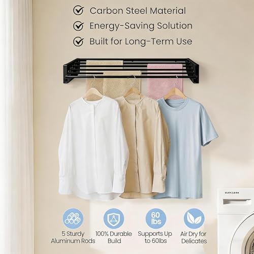 Wall Mounted Laundry Drying Rack, Carbon Steel Foldable & Retractable Clothes - Image 4