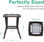 VINGLI Outdoor Side Table with Storage Wicker Patio Side Table, Tempered Glass - Image 3